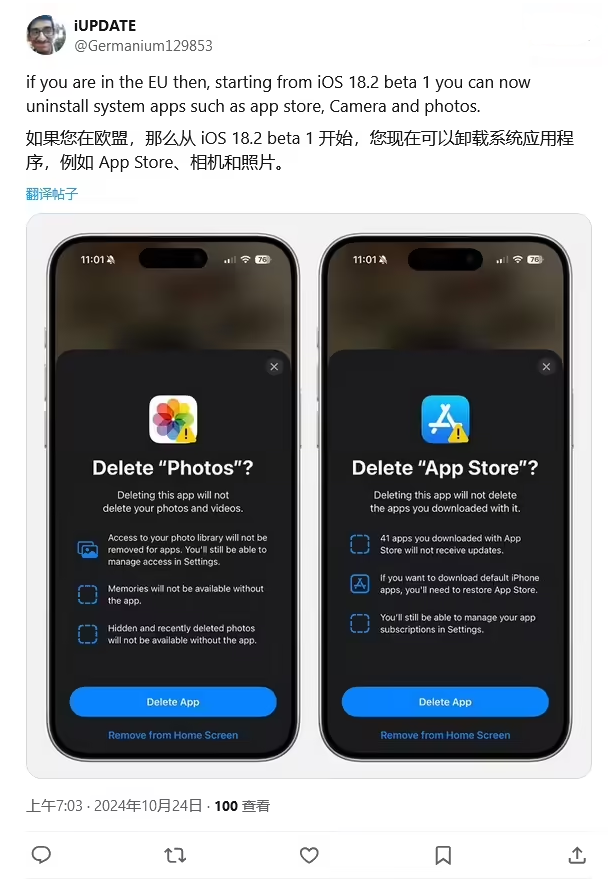 洱源苹果手机维修分享iOS 18.2 支持删除 App Store 应用商店 