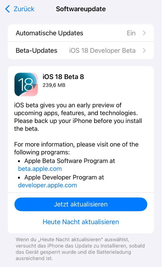 洱源苹果手机维修分享苹果 iOS / iPadOS 18 开发者预览版 Beta 8 发布 